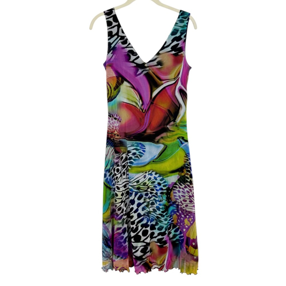Cartise Dress Size 6 V Neck Mesh Midi Artsy Colorful Abstract